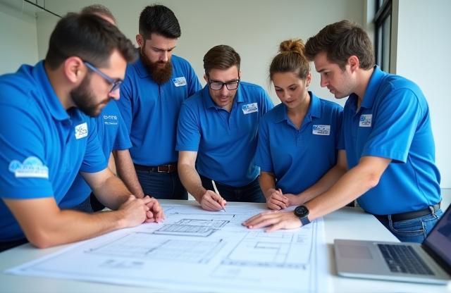 AquaBlue Pools team discussing a project blueprint