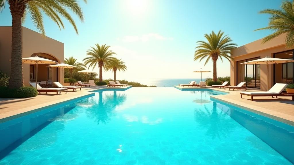Luxury swimming pool with clear blue water and palm trees